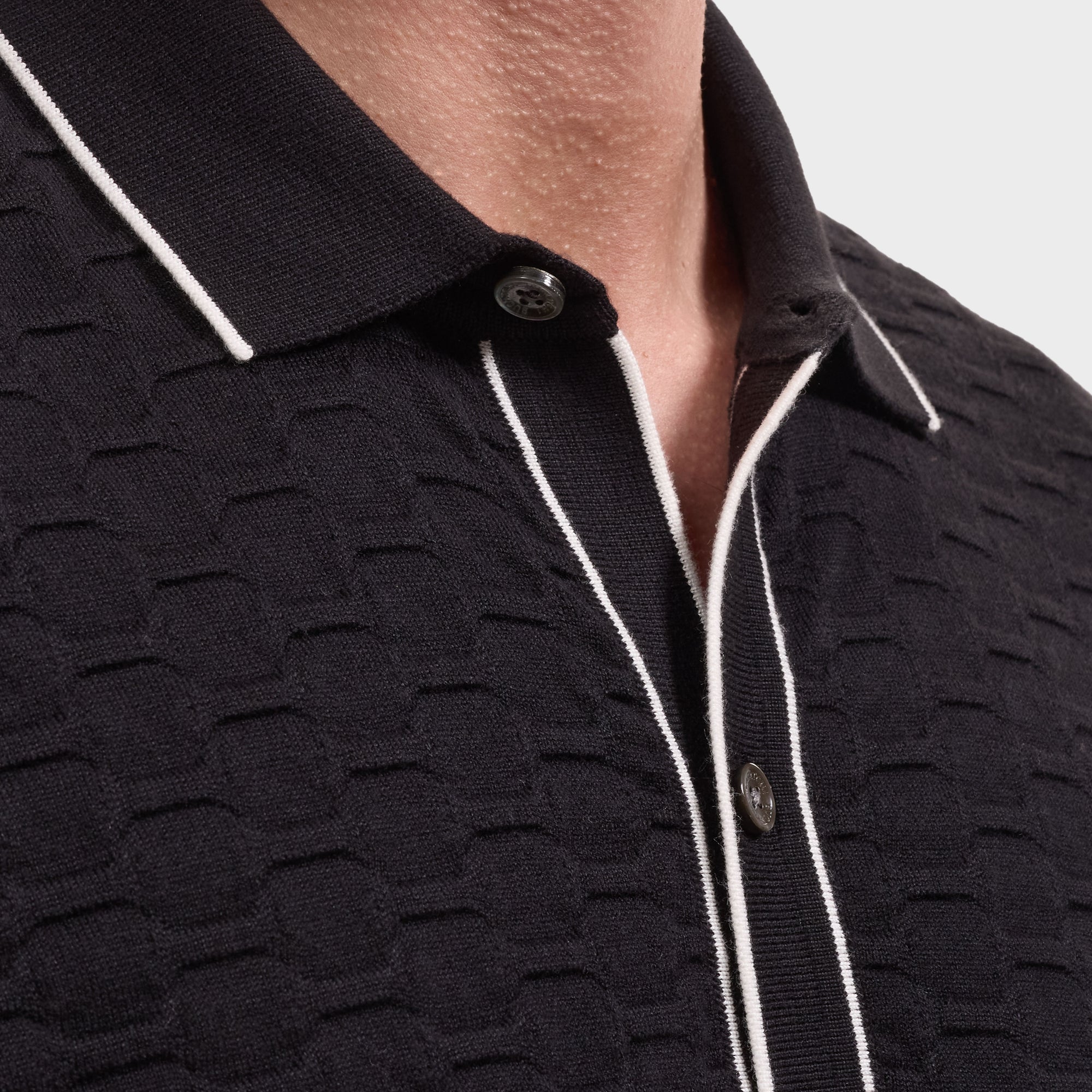 Geometric Full Button Short-Sleeve Polo Sweater