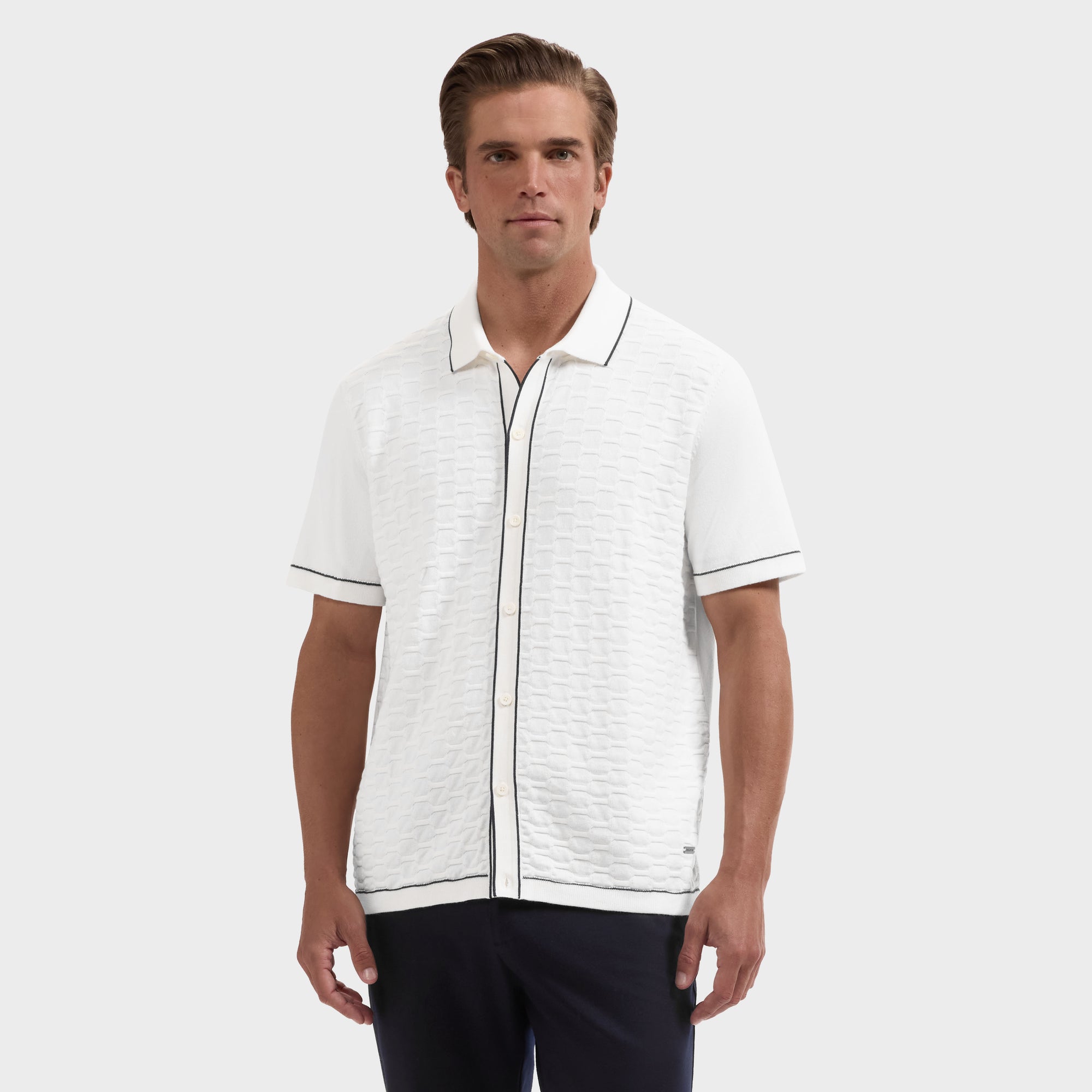 Geometric Full Button Short-Sleeve Polo Sweater