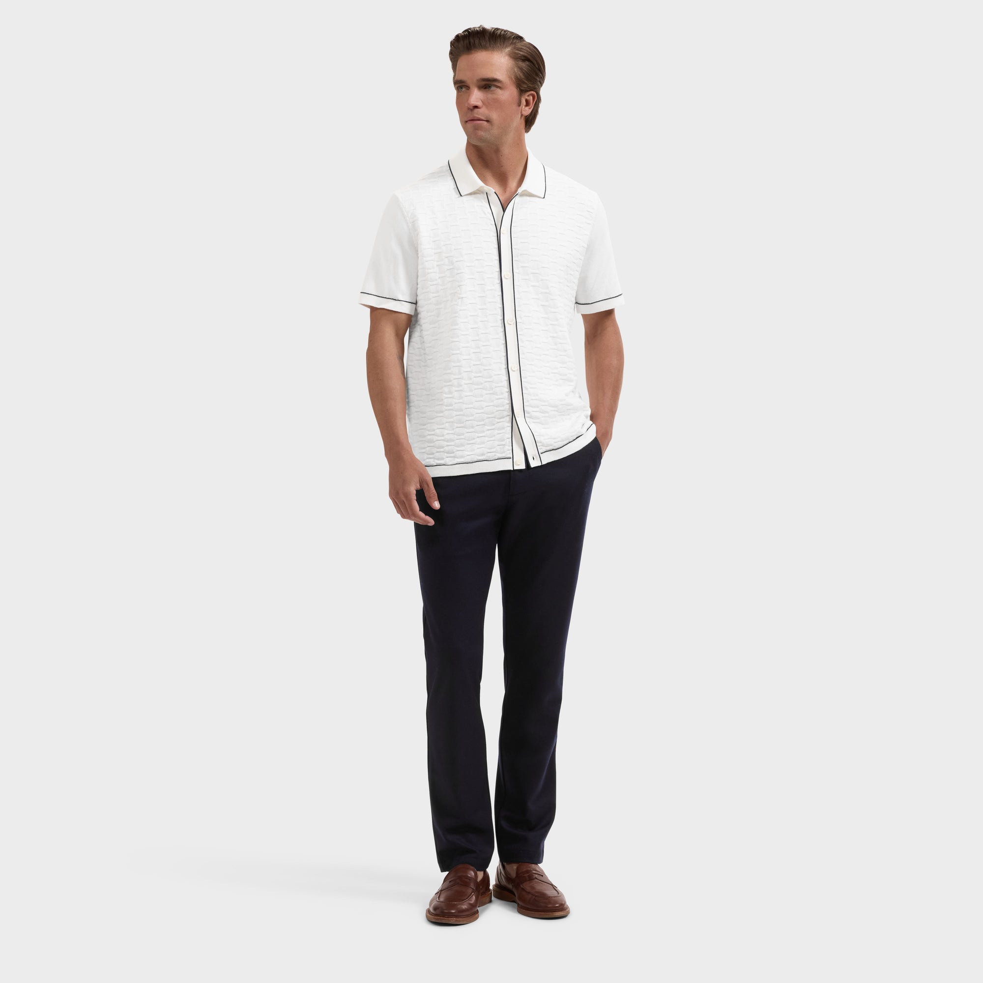 Geometric Full Button Short-Sleeve Polo Sweater