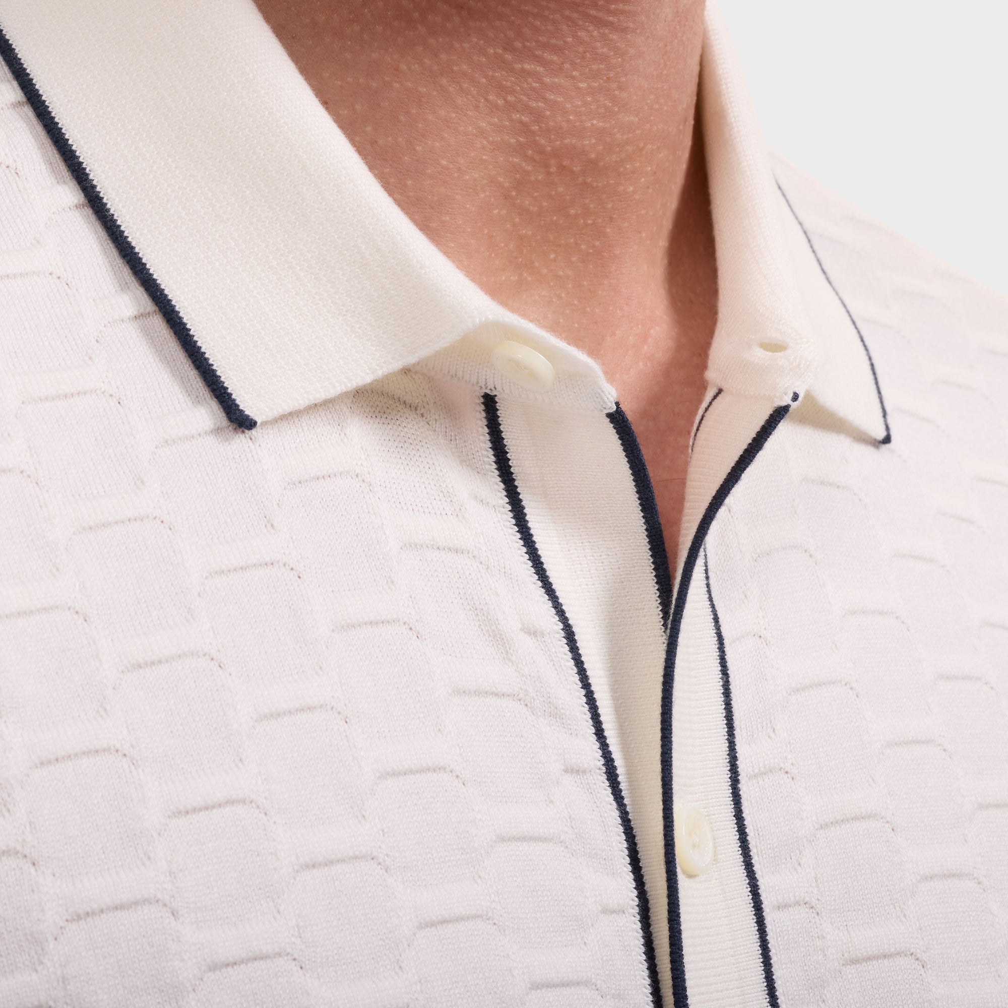 Geometric Full Button Short-Sleeve Polo Sweater