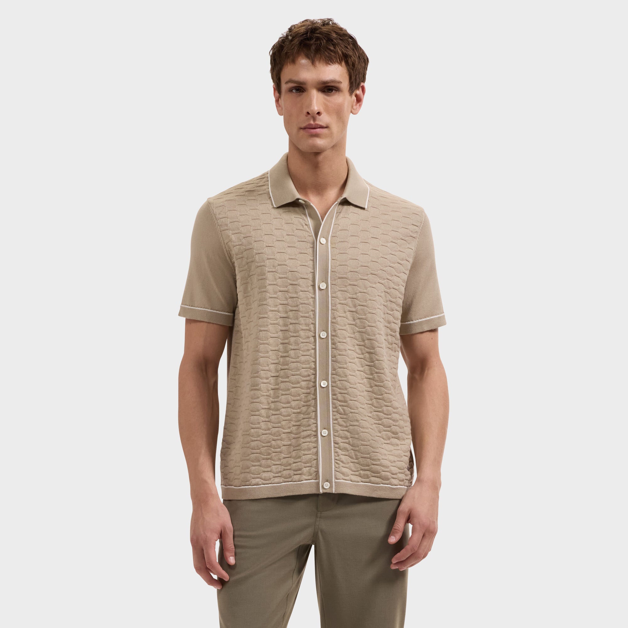 Geometric Full Button Short-Sleeve Polo Sweater