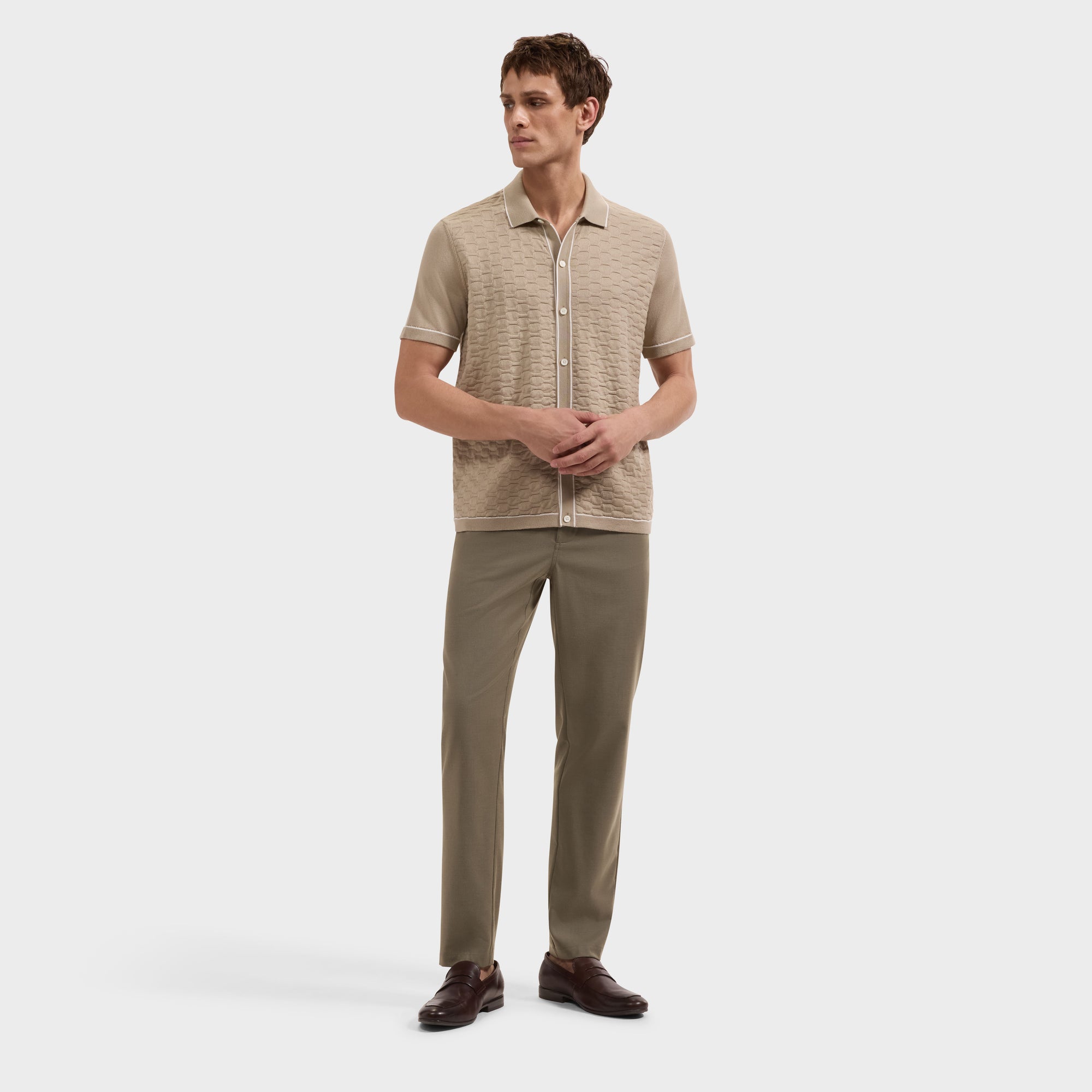 Geometric Full Button Short-Sleeve Polo Sweater
