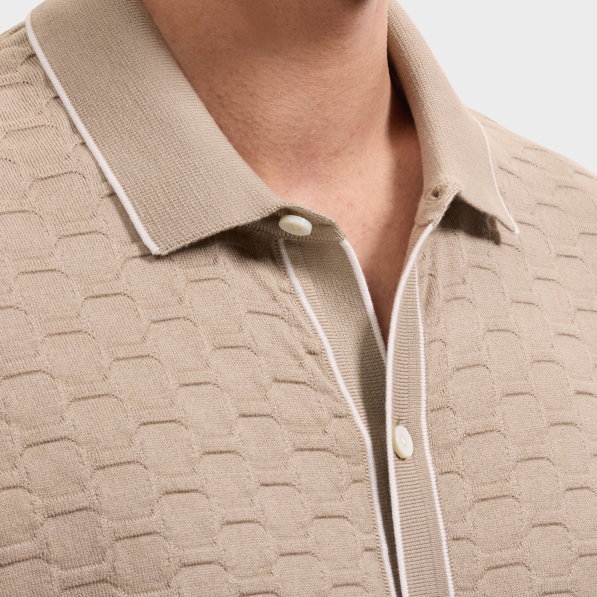 Geometric Full Button Short-Sleeve Polo Sweater