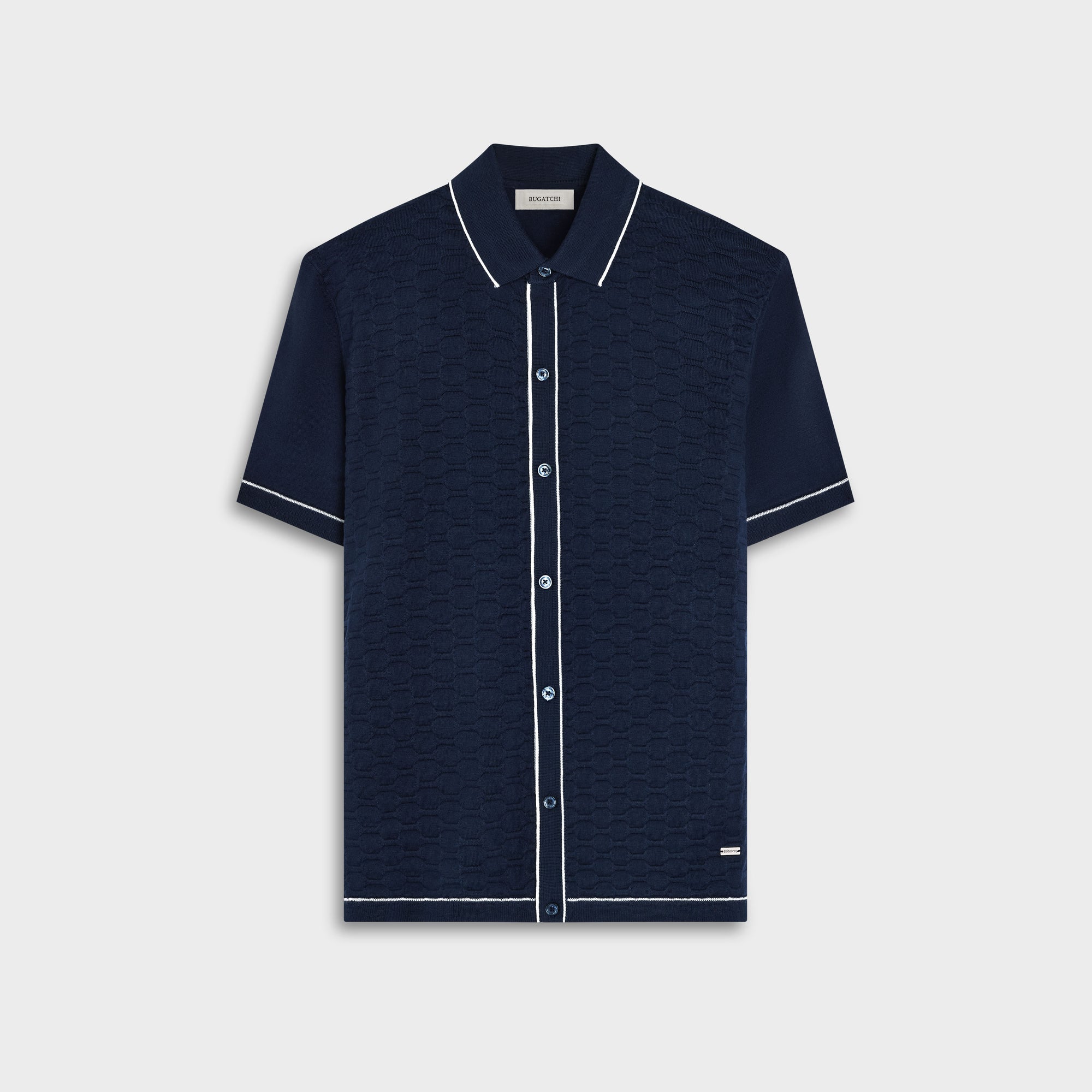 Geometric Full Button Short-Sleeve Polo Sweater