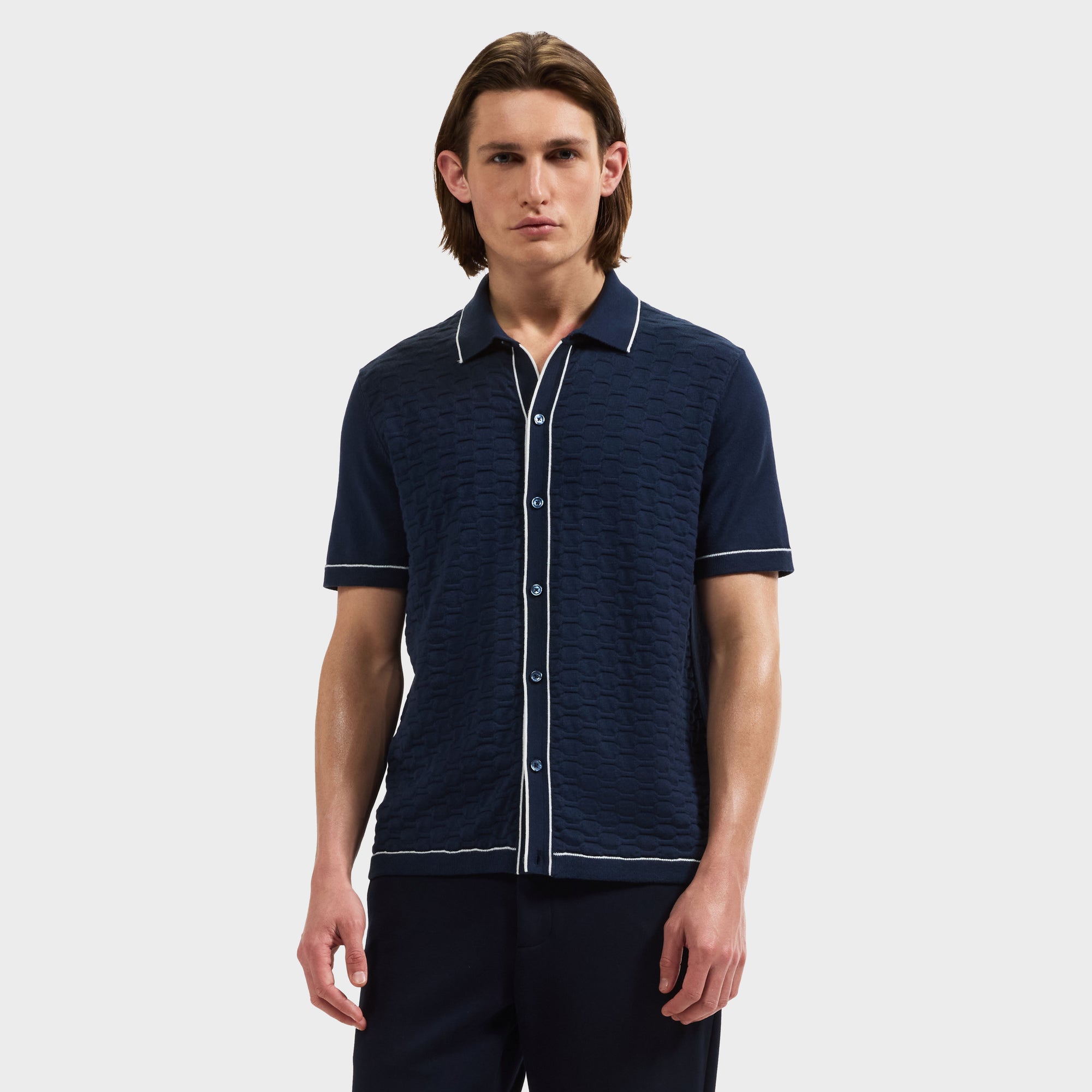 Geometric Full Button Short-Sleeve Polo Sweater