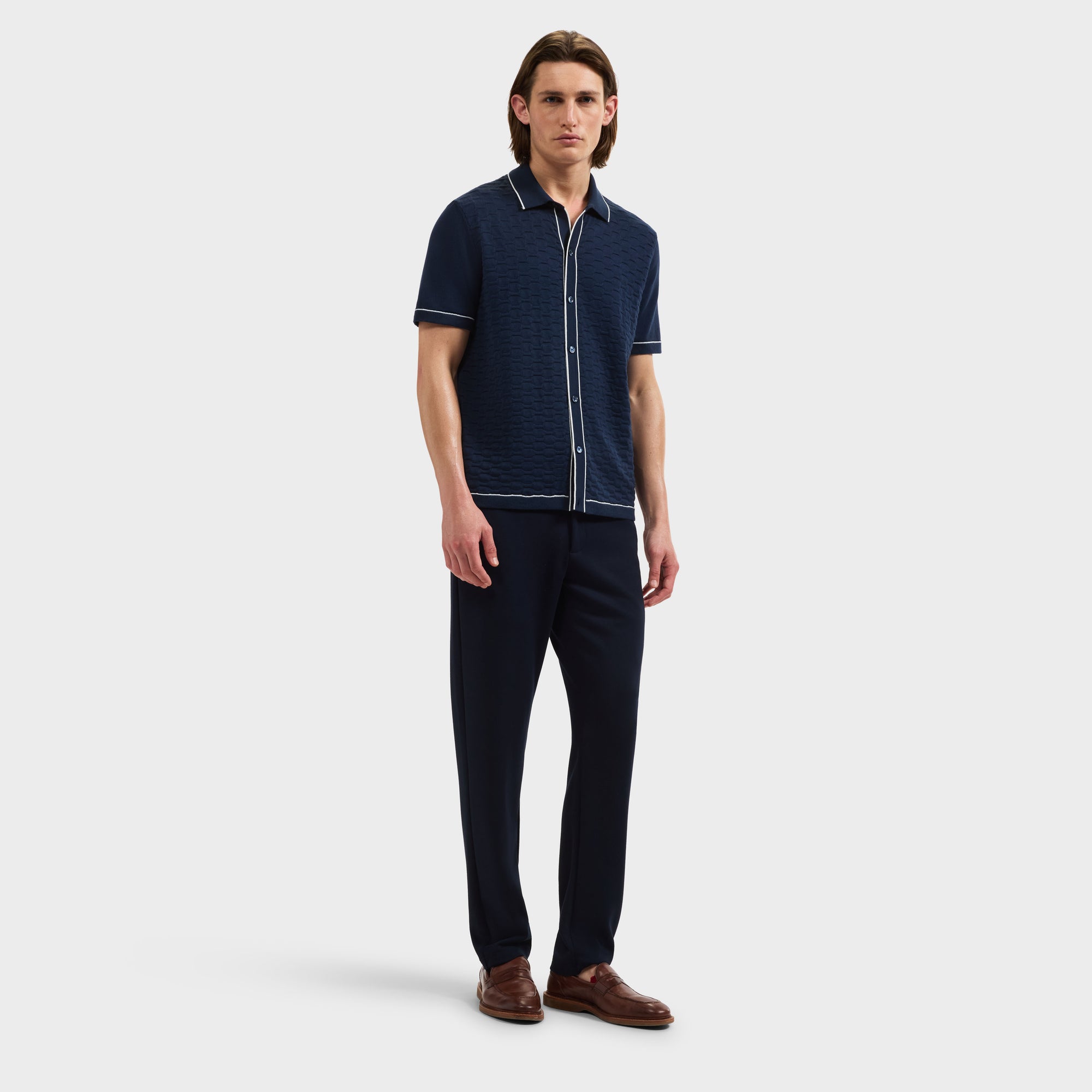 Geometric Full Button Short-Sleeve Polo Sweater
