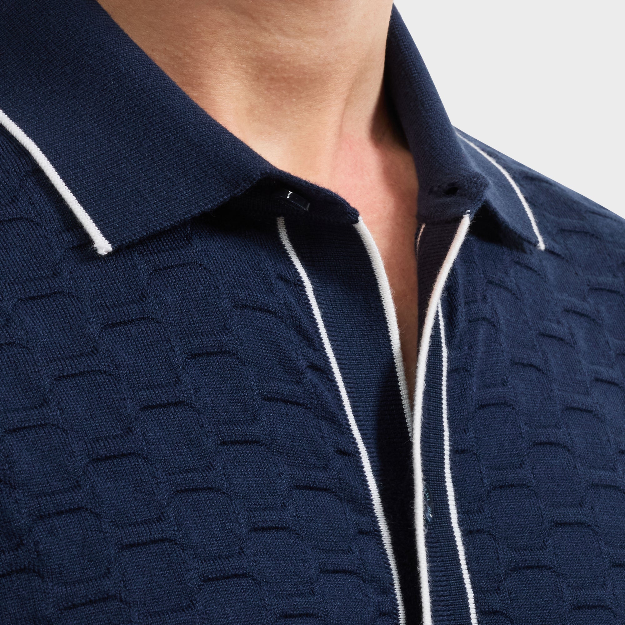 Geometric Full Button Short-Sleeve Polo Sweater
