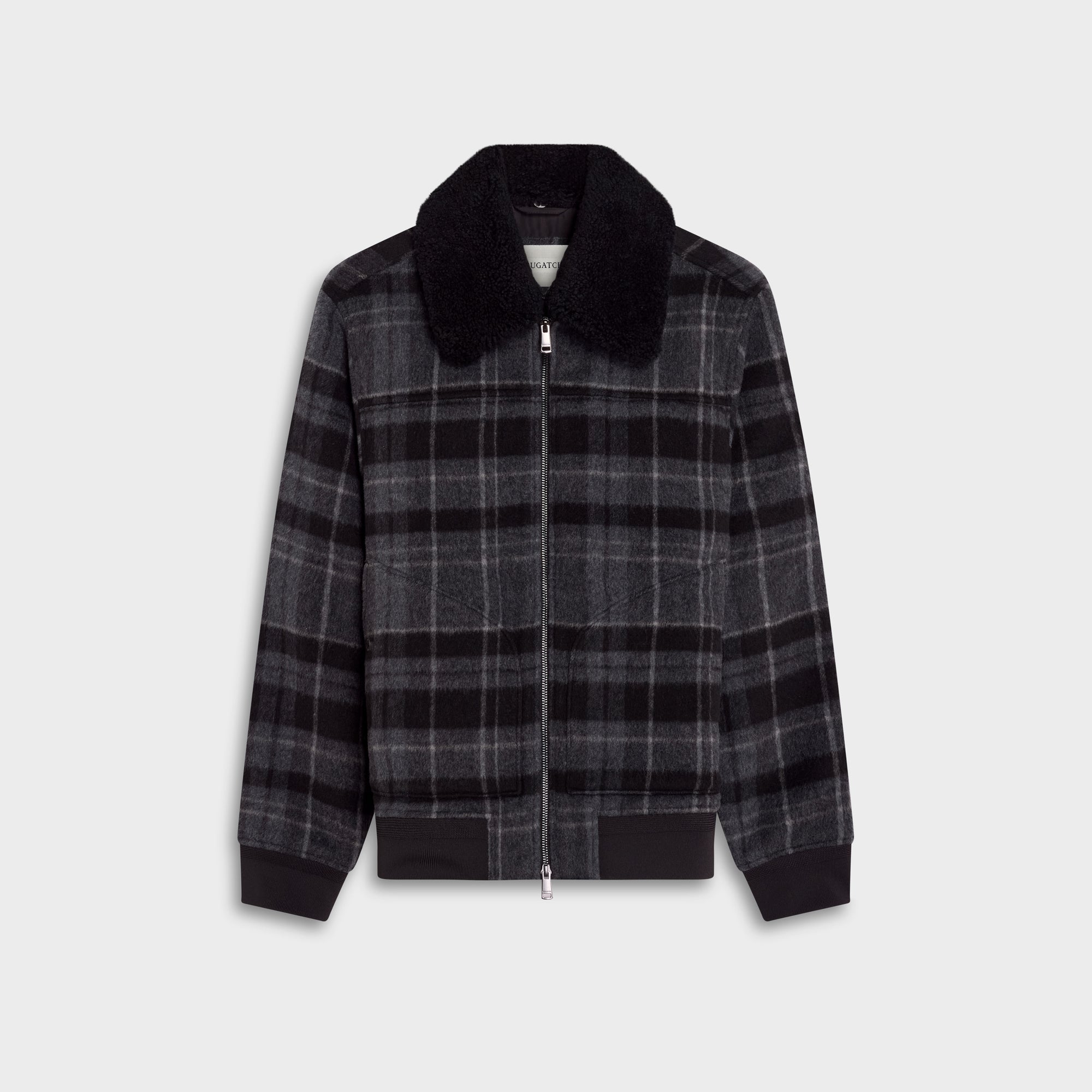 Plaid Bomber Jacket with Shearling Collar