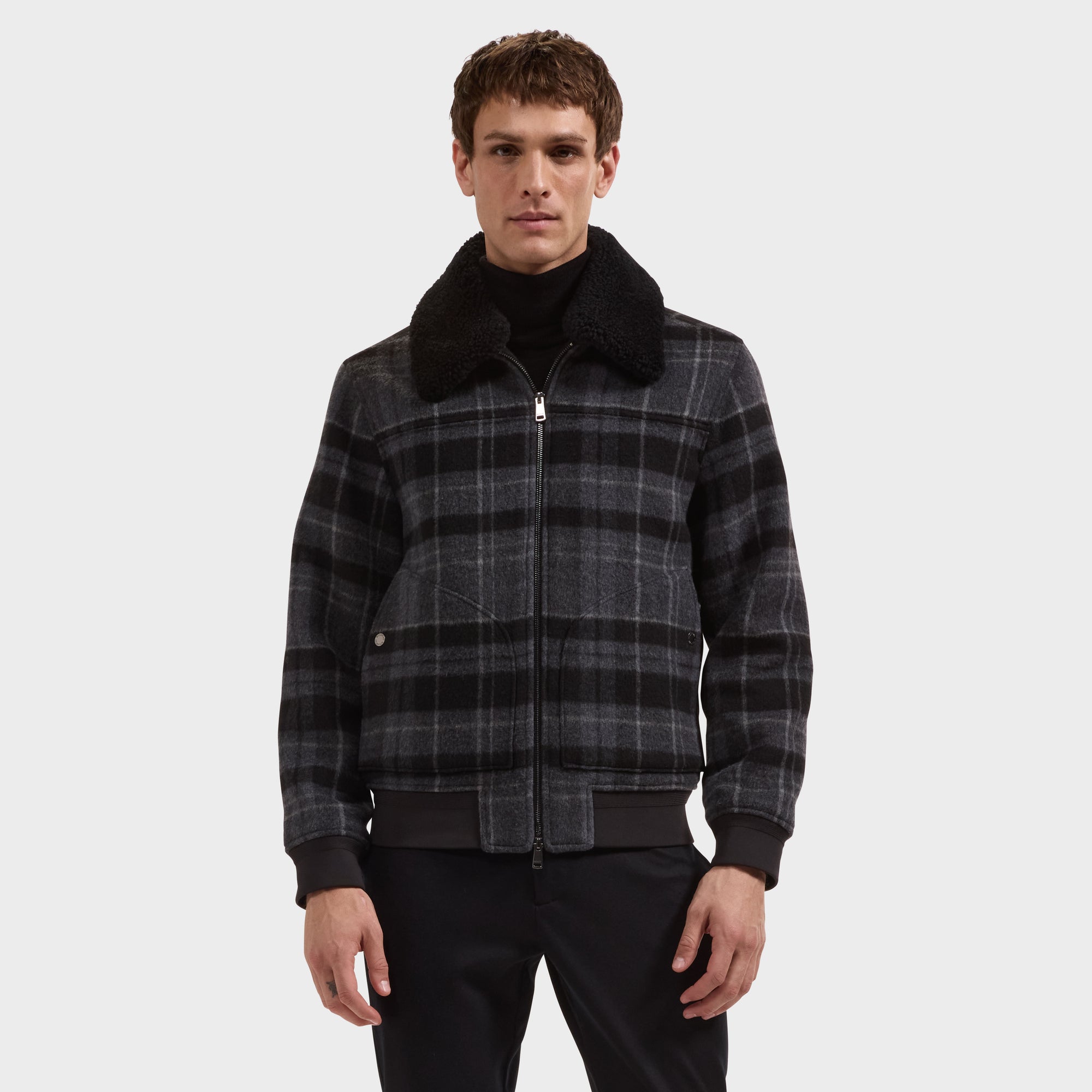 Plaid Bomber Jacket with Shearling Collar