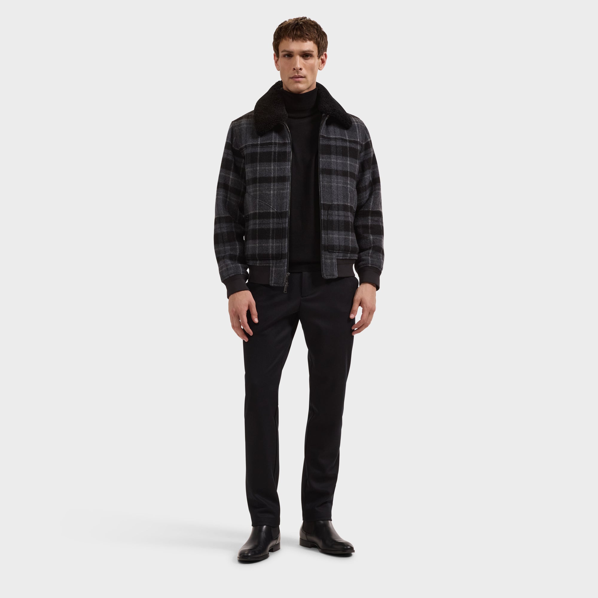 Plaid Bomber Jacket with Shearling Collar