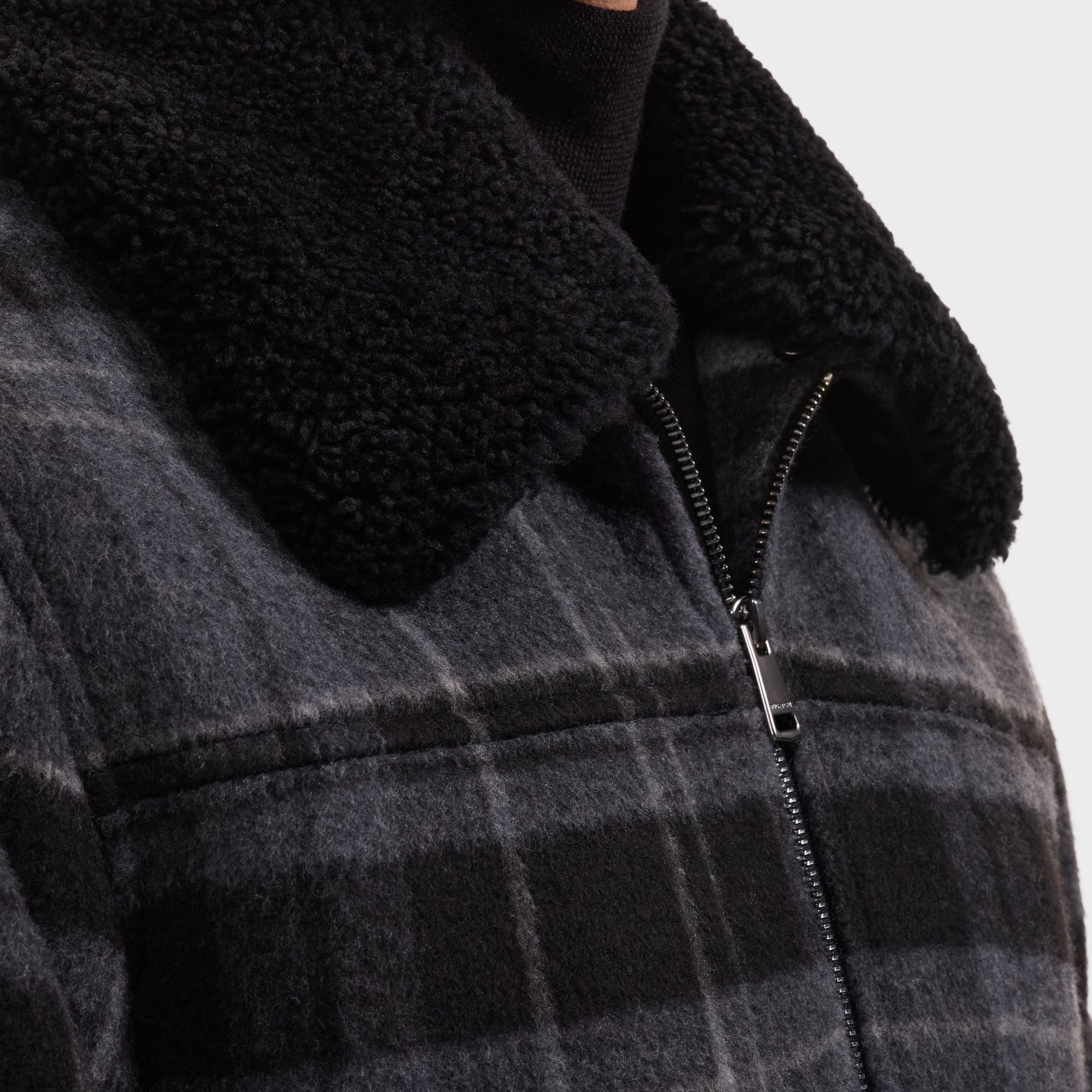 Plaid Bomber Jacket with Shearling Collar