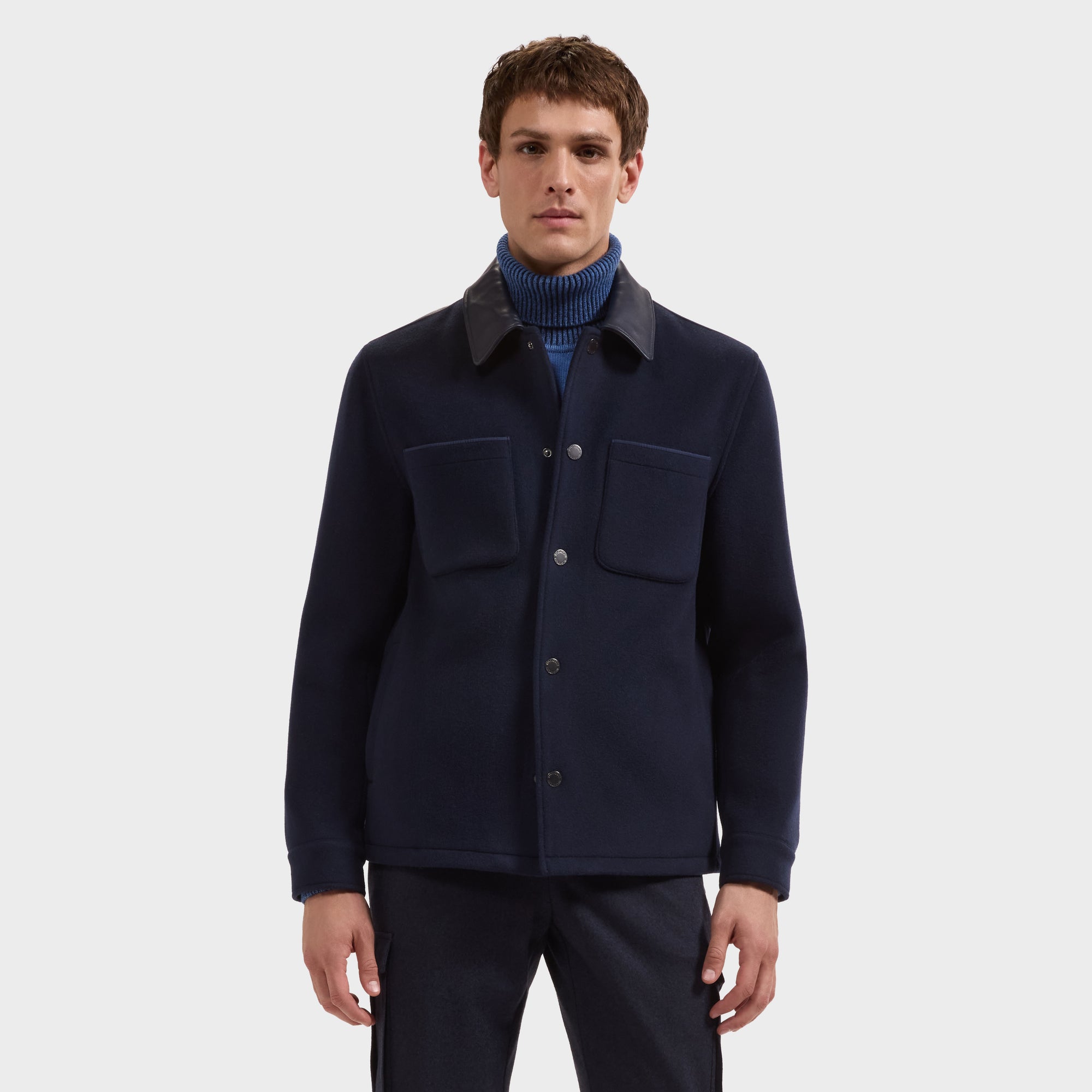 Overshirt Jacket with Leather Trim