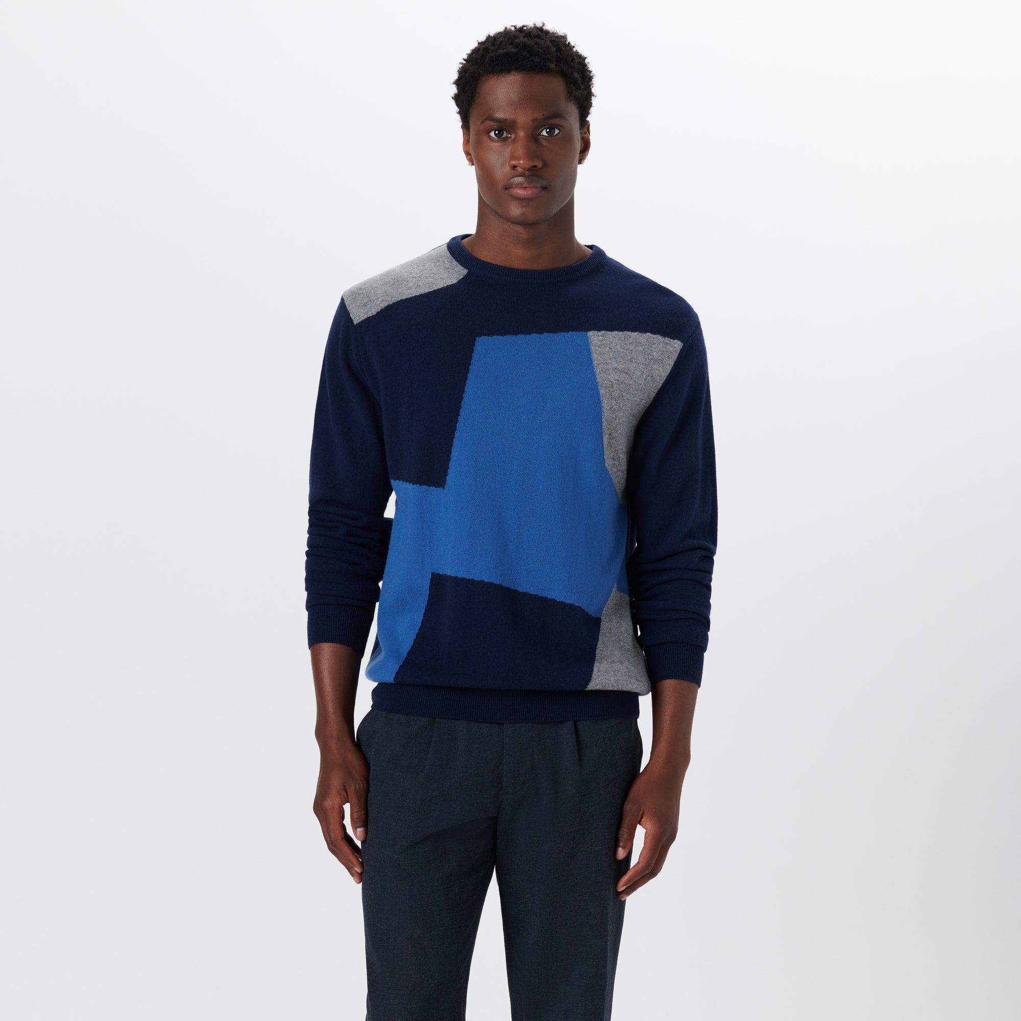 Crew Neck Patchwork Intarsia Sweater