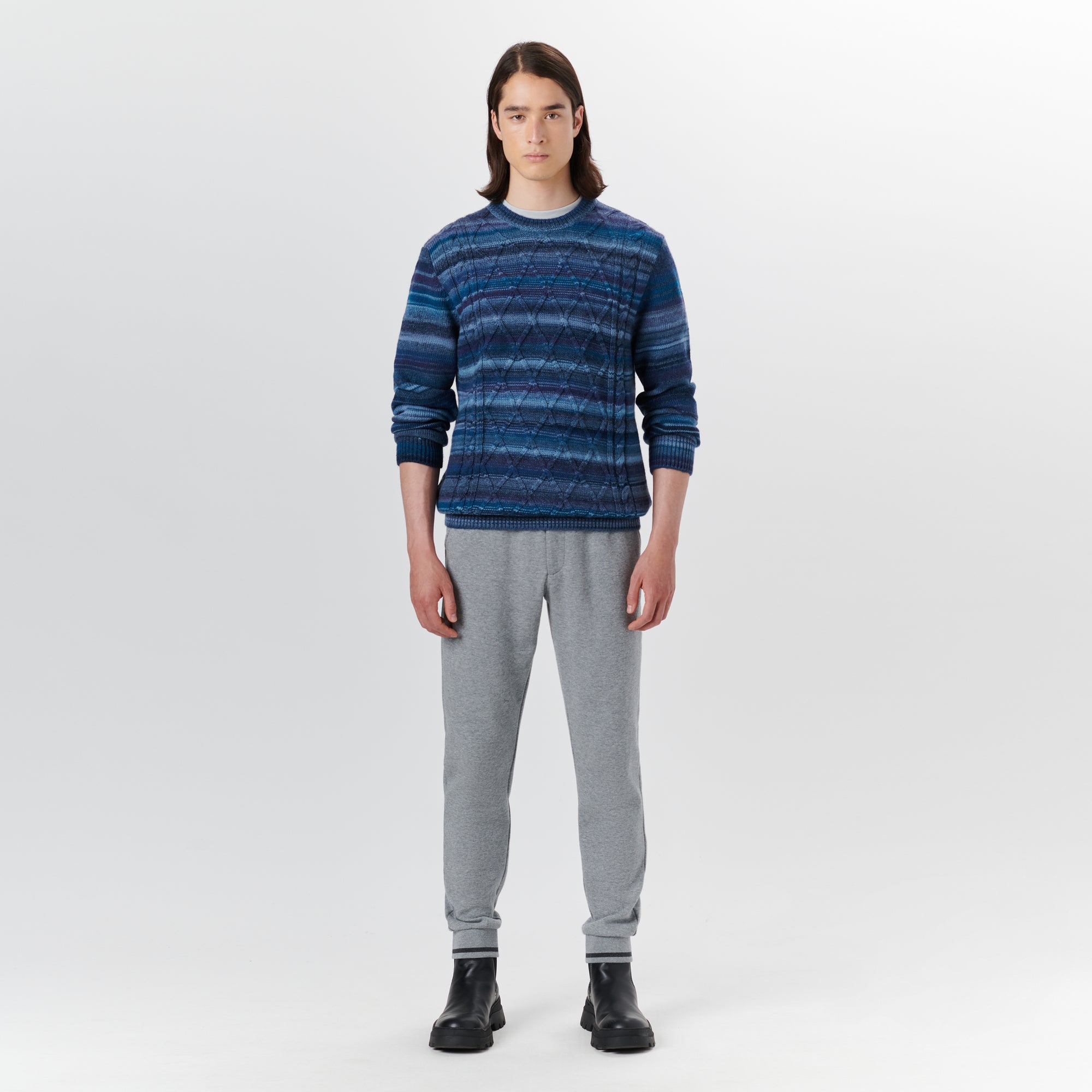 Crew Neck Striped Jacquard Sweater