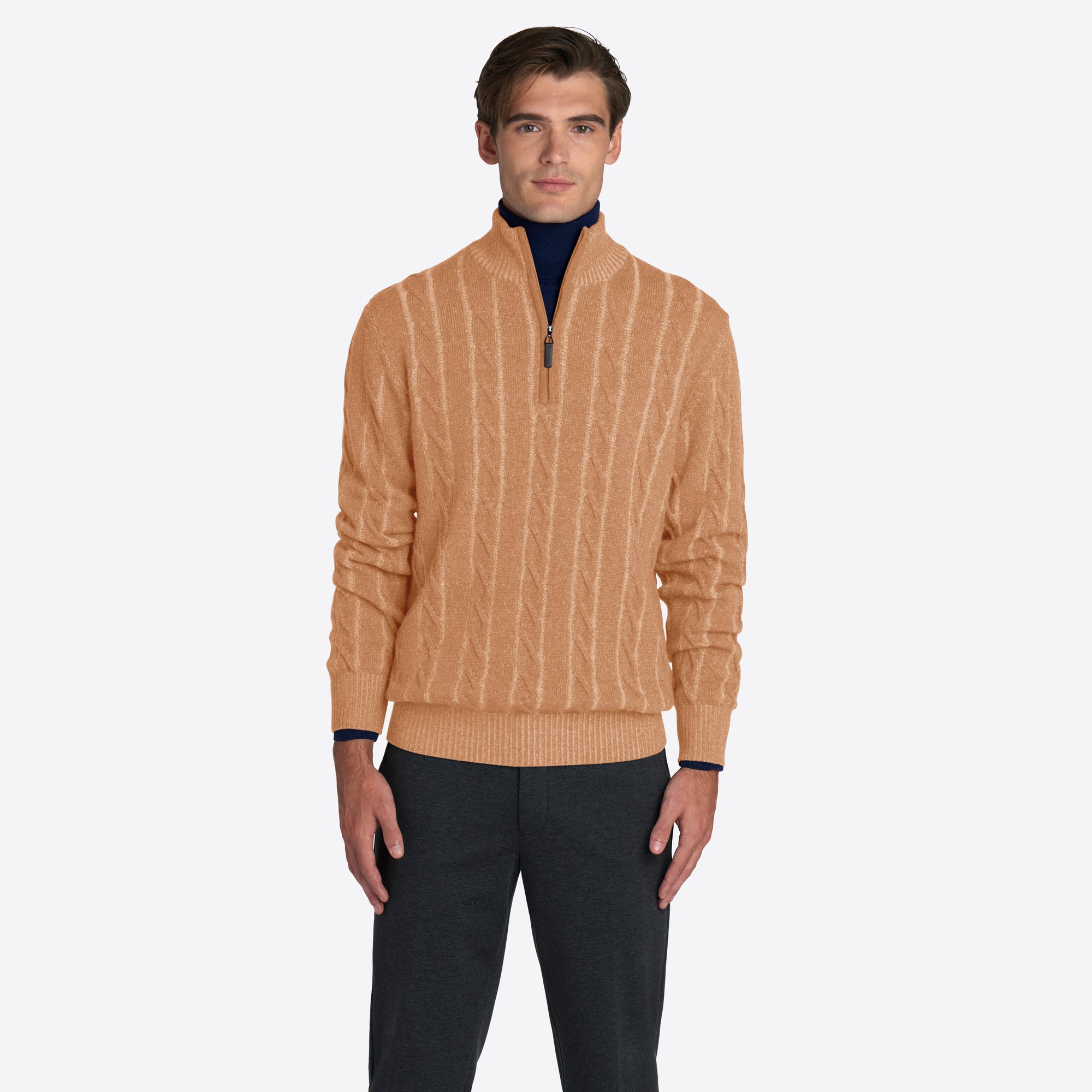 Cable Knit Quarter Zip Mock Neck Sweater
