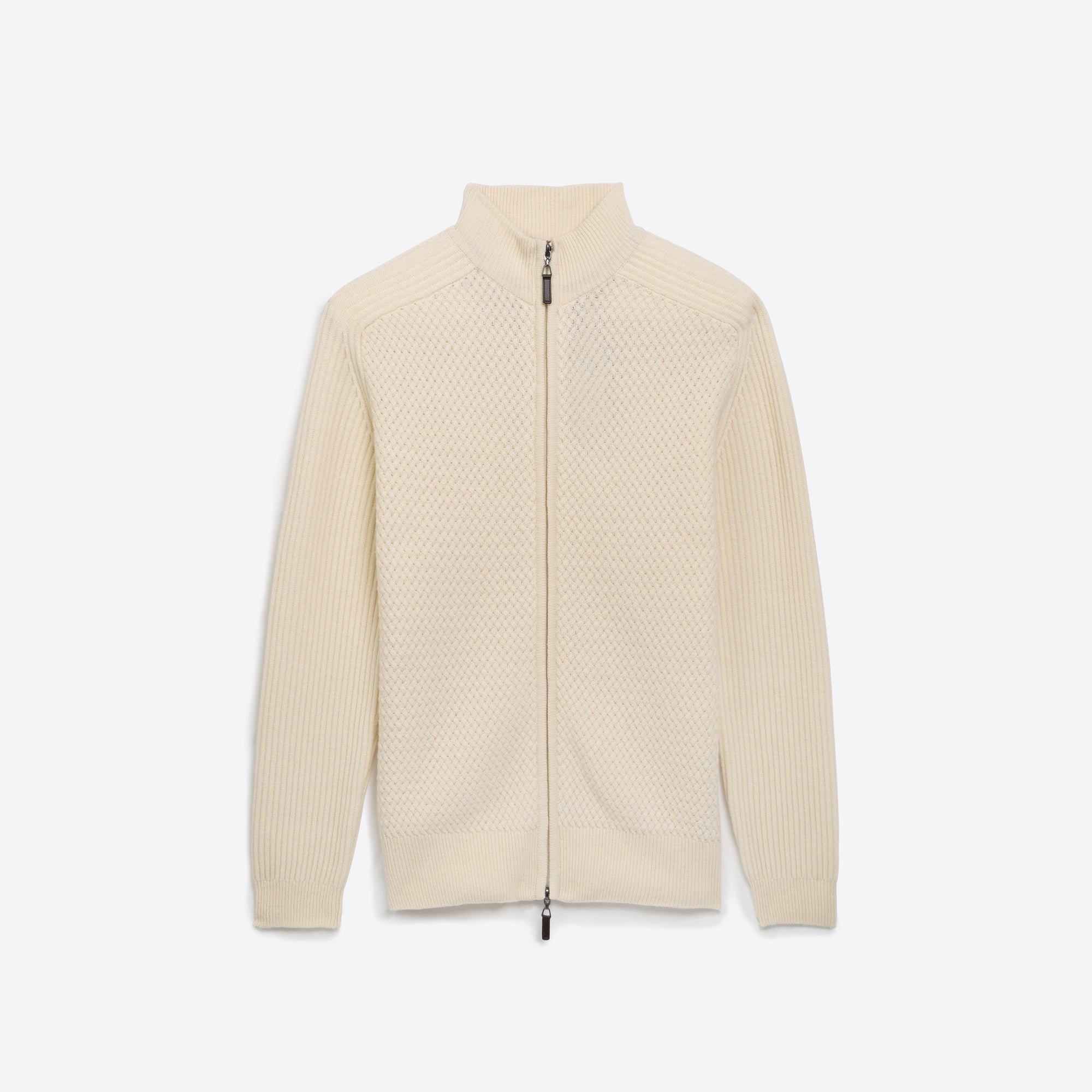 Basketweave Knit Full Zip Mock Neck Sweater