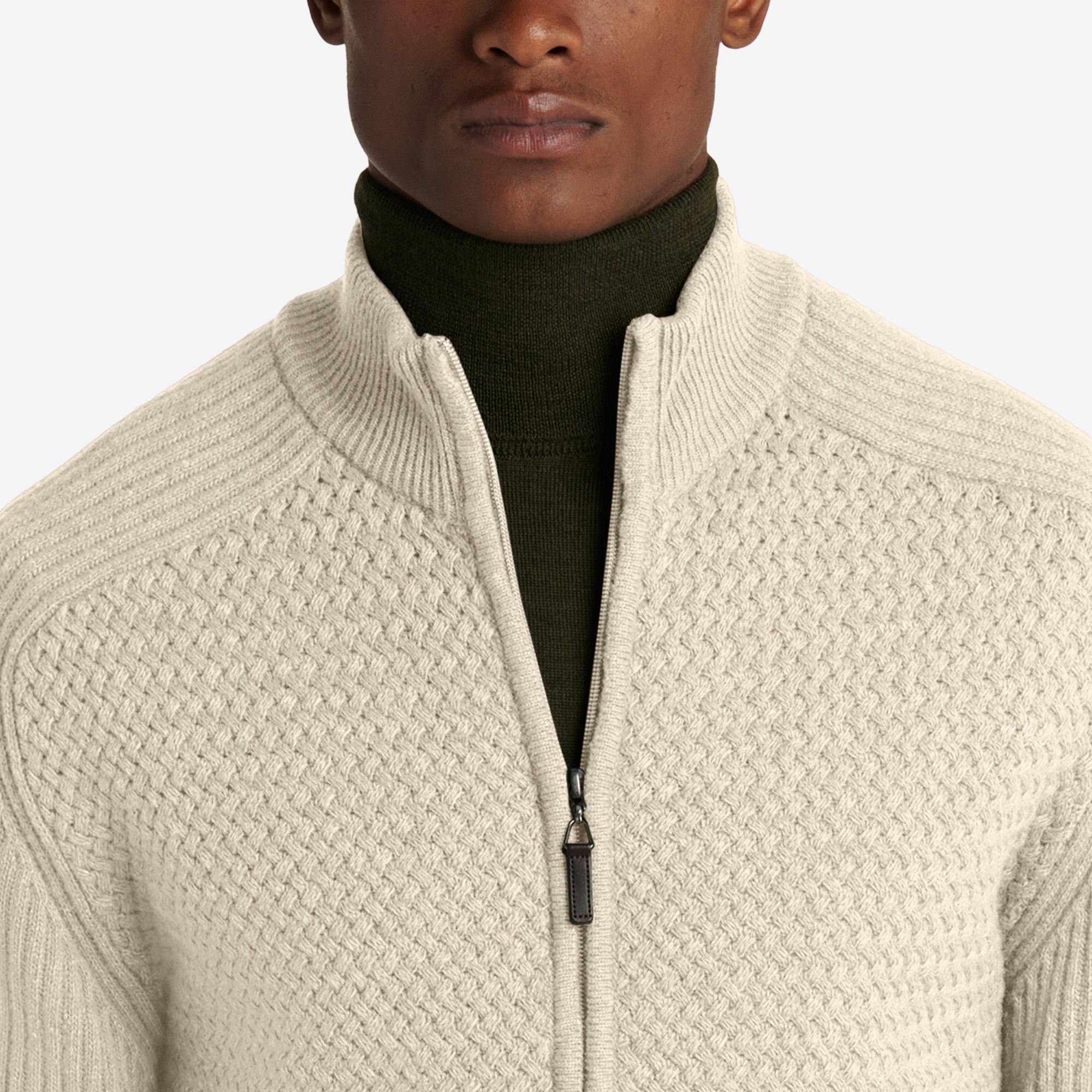 Basketweave Knit Full Zip Mock Neck Sweater