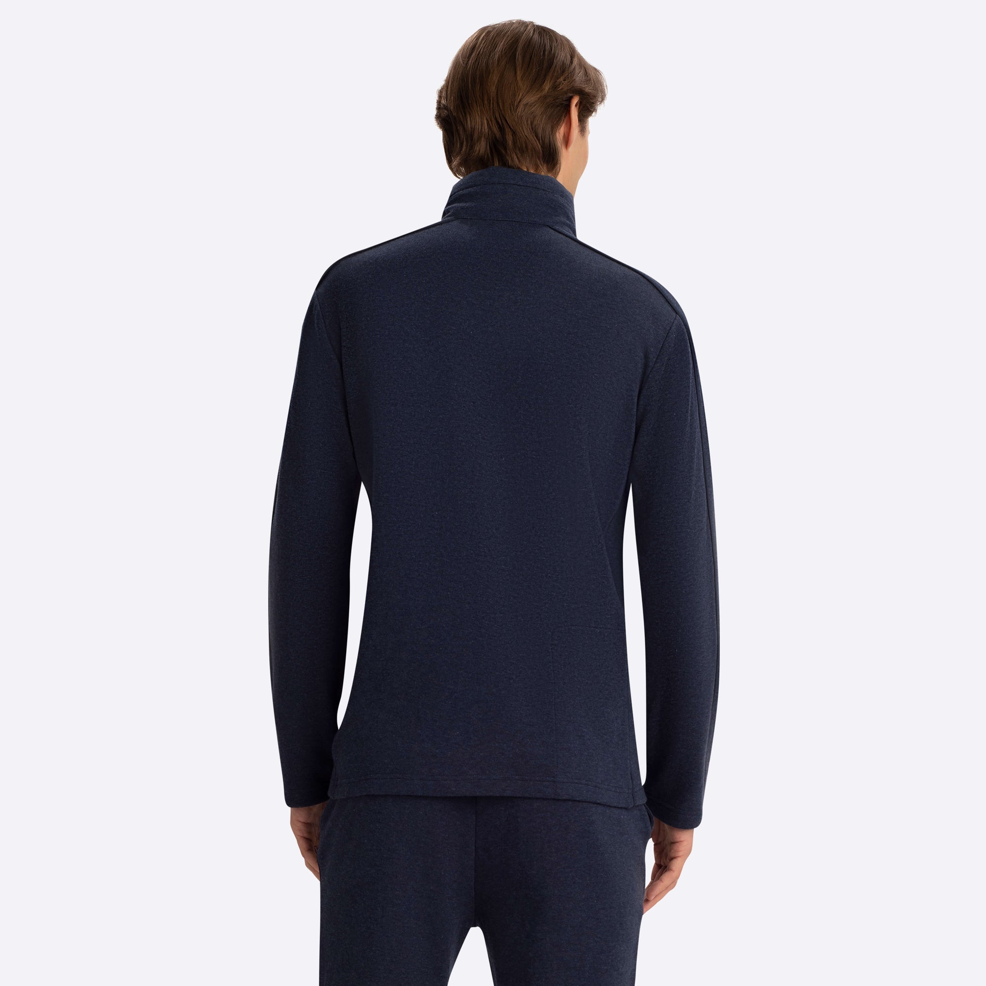 Full Zip Mock Neck Sweatshirt with Stow-Away Hood.