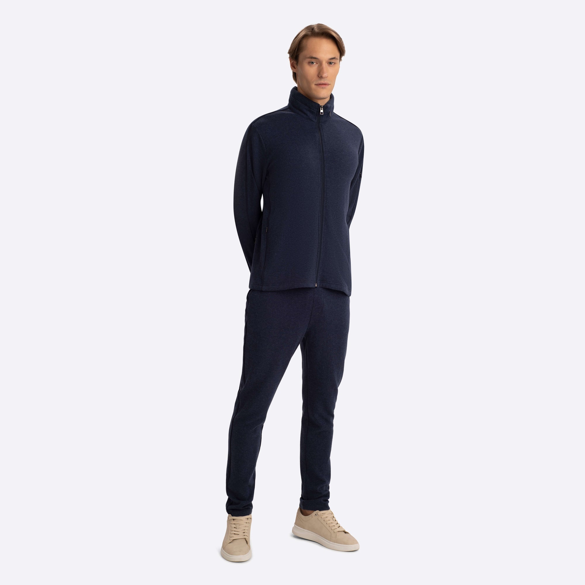 Full Zip Mock Neck Sweatshirt with Stow-Away Hood.